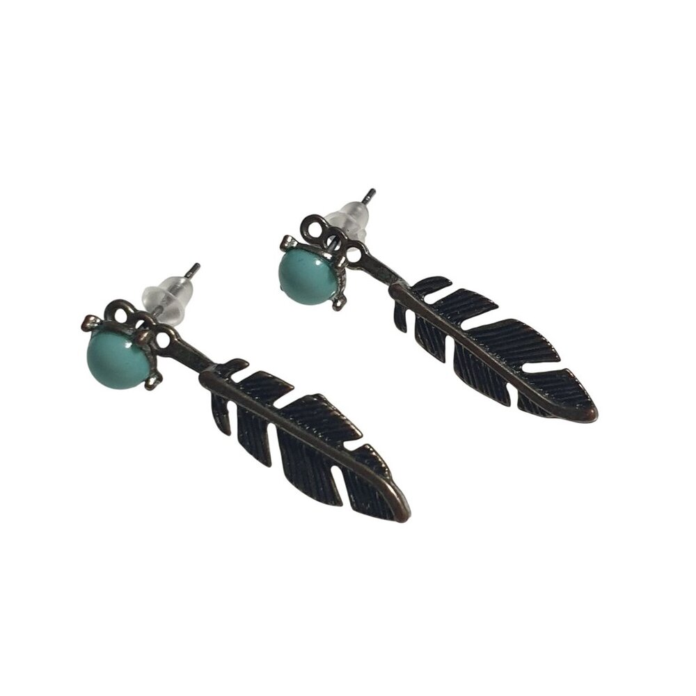 Antique Bronze Feather Earrings Faux Turquoise Ball Dangle Lightweight Boho Gift